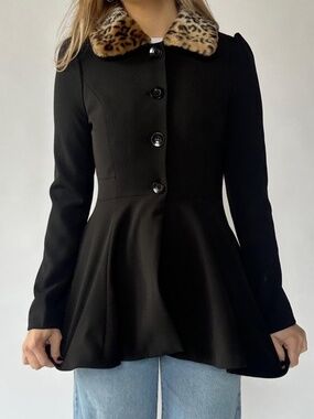 Leopard Trim Faur Fur Black Peacoat Small